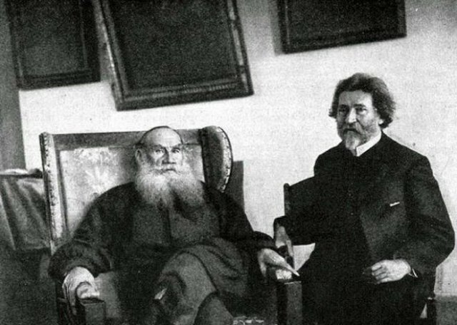 Лев Толстой и Илья Репин в Ясной Поляне, 1907 год