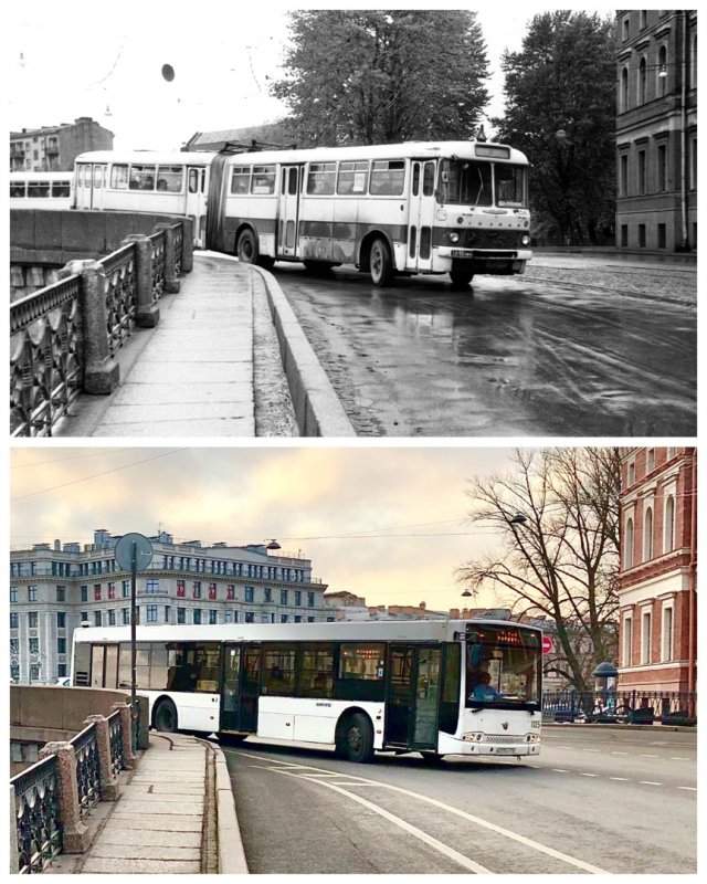 Автобус у Поцелуева моста.1975 и 2020 год.