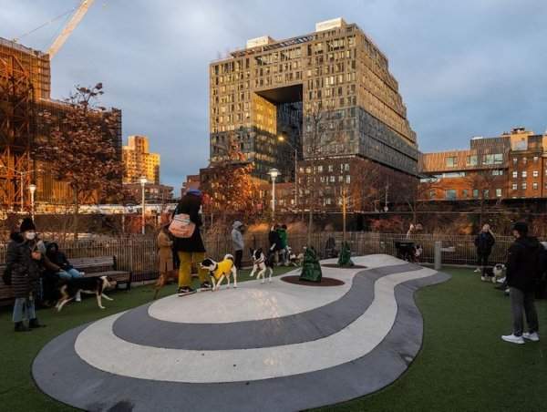 Удобная собачья площадка с поилкой, скамейками и ограждением, Нью-Йорк