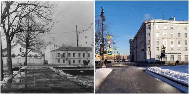 Перекрёсток Потёмкинской улицы и улицы Воинова (Шпалерной)1978 и 2021 годы