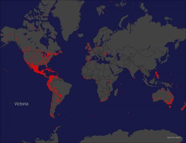 Красными точками обозначены места на планете, названные Виктория