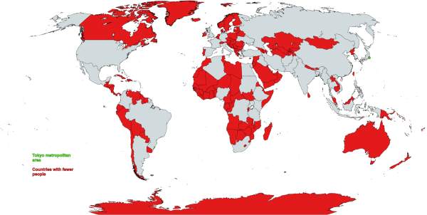 Красным выделены страны, чьё общее население меньше, чем в Большом Токио