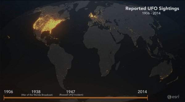 Карта всех зарегистрированных случаев наблюдения НЛО с 1906 по 2014 годы