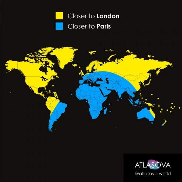 В жёлтом участке карты вы будете ближе к Лондону, а в голубом — к Парижу