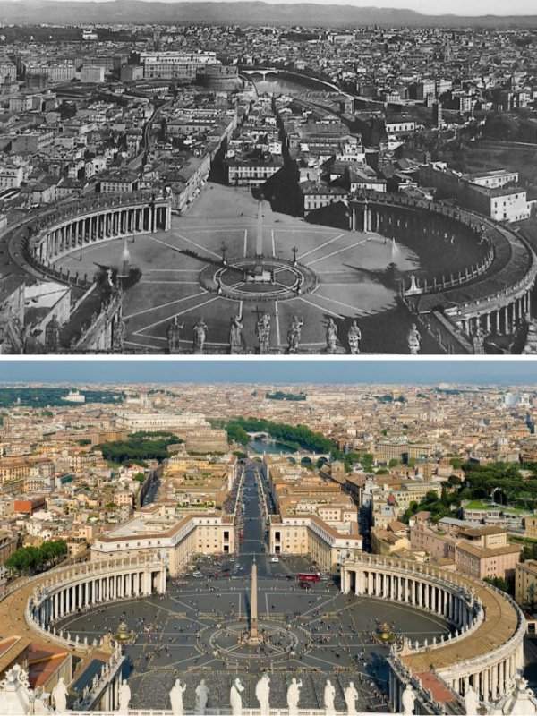 Площадь Святого Петра в Ватикане в 1910 году и сейчас