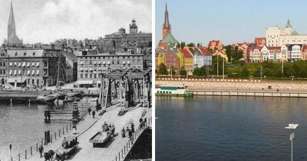 Река Одра в городе Щецин, Польша, и не существующий ныне деревянный мост — 1900 год и сейчас