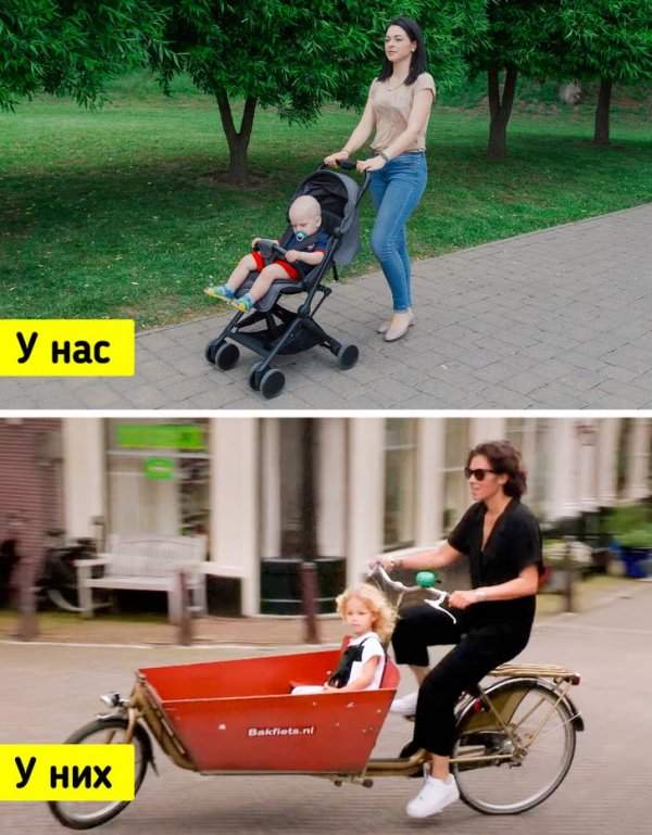 Детей голландцы чаще катают в багажниках велосипедов, а не в колясках, как у нас