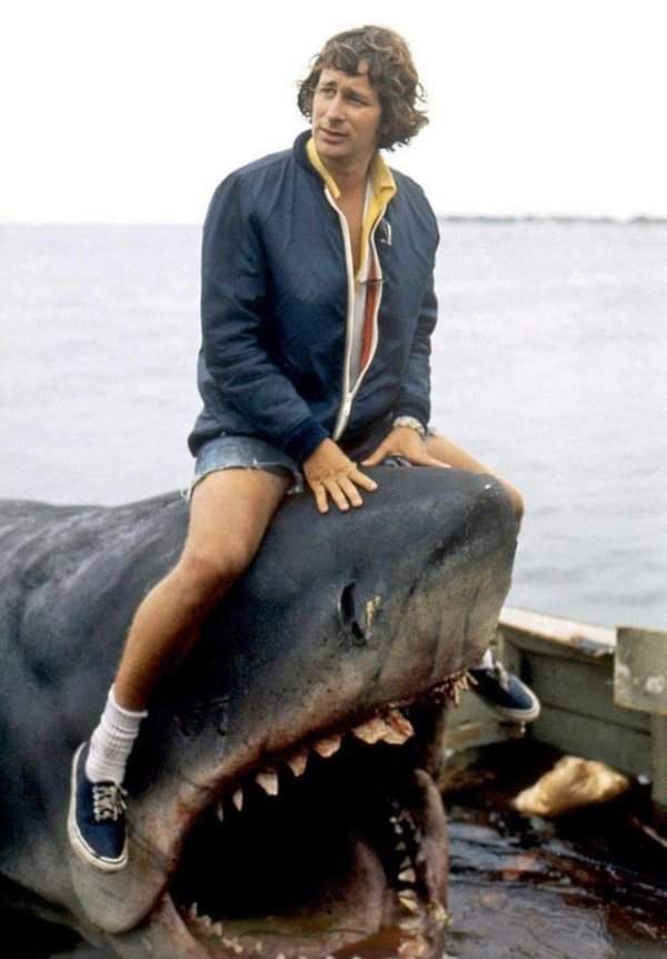 Режиссёр Стивен Спилберг на механической акуле во время съёмок фильма «Челюсти», 1974