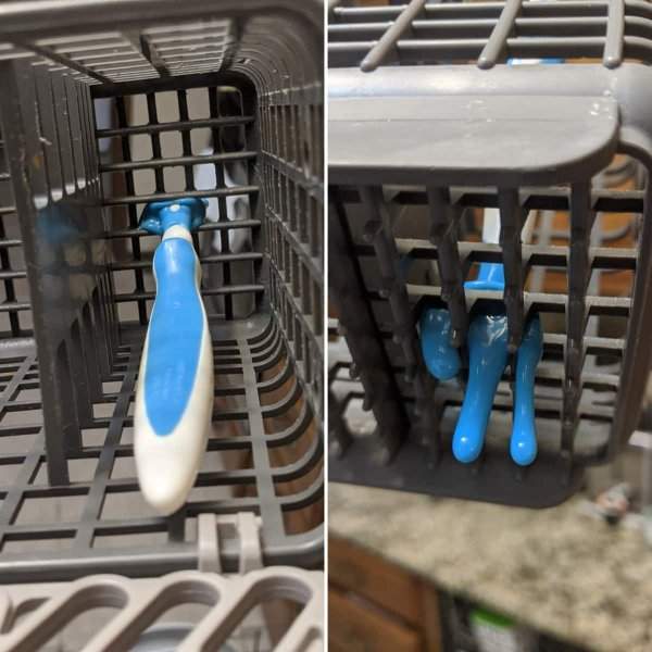 Положили детскую пластмассовую ложку в посудомоечной машине