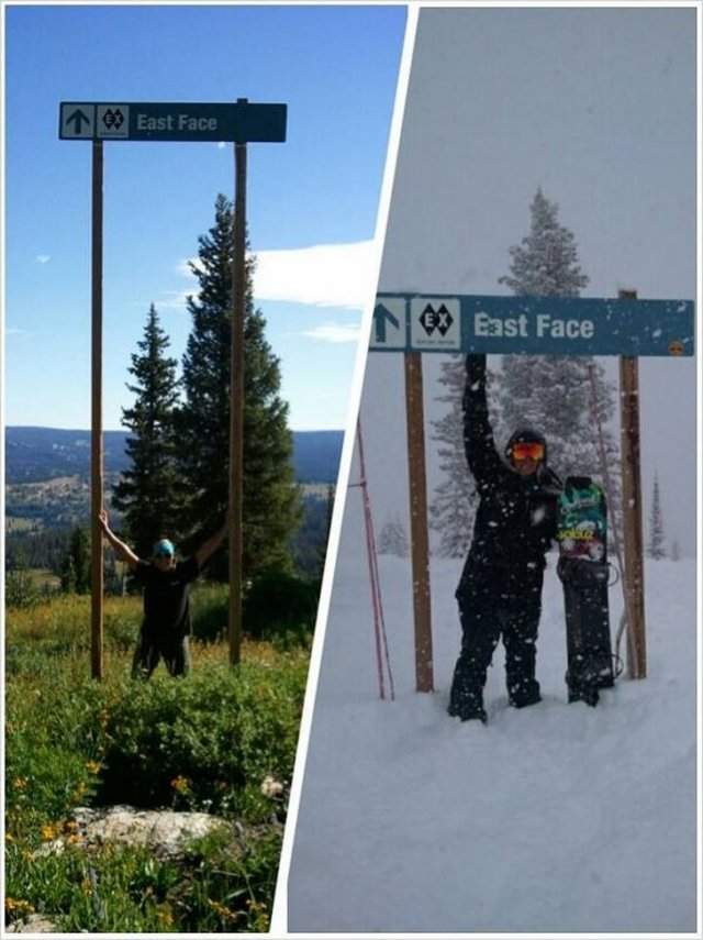 Знак на лыжной трассе летом и зимой