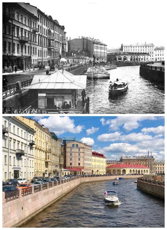 Вид с Большого Конюшенного моста на Круглый рынок.~1905 и 2020 год.
