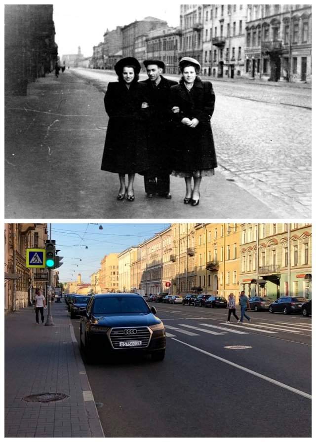 Перспектива Садовой улицы от площади Тургенева.1952 и 2020 год.