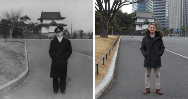 Дед и внук стоят на одном и том же месте на фоне меняющегося Токио: разница в 73 года