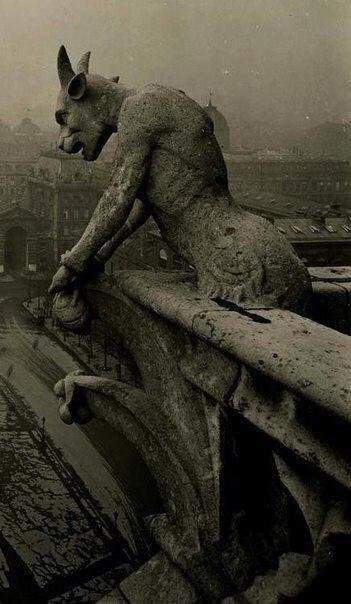 Горгулья Нотр-Дама, смотрящая на Париж, Франция, 1920 года.