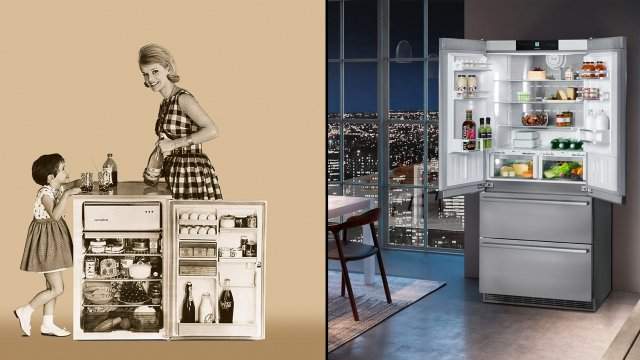 1954 год - один из первых маленьких холодильников. 2020-й - большой холодильник для всей семьи.