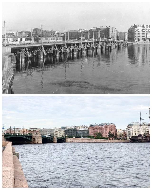 Мост Строителей / Биржевой мост.~1950 и 2020 год.