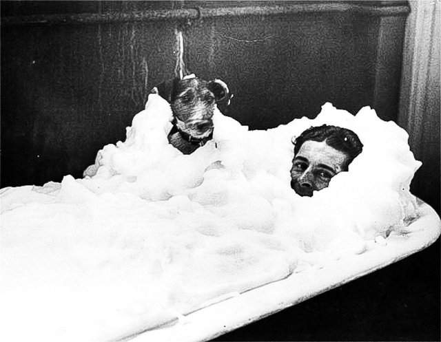 Гонщик Уолтер Килмистер принимает пенную ванну со своей собакой, 1934 год.