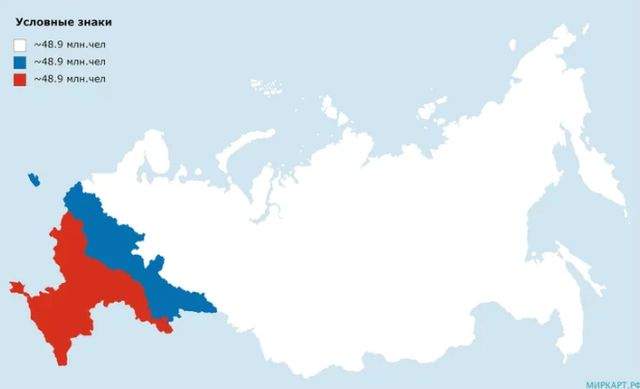 Карта России, разделённая на три части с примерно равным населением (в 2019 году)