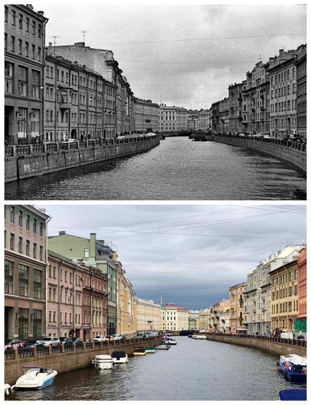 Река Мойка с Народного (Зелёного) моста.1975 и 2020 год.