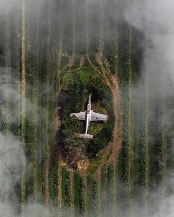 Старый самолет, спрятавшийся посреди поля в польской деревне Вулька-Косовска