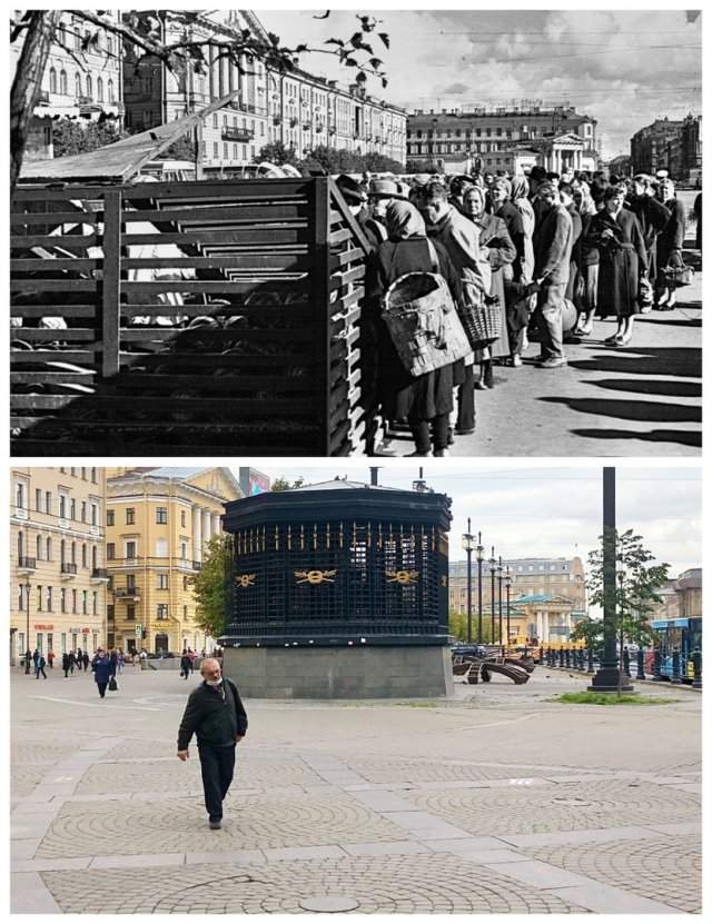 Очередь за арбузами на площади Мира / Сенная площадь.1962 и 2020 год.
