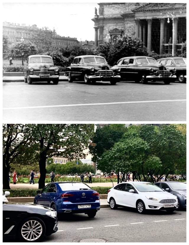 Стоянка автомобилей у гостиницы Астория.1955 и 2020 год.