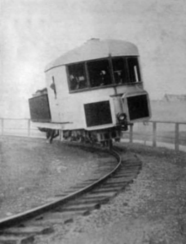 Гироскопический вaгон едет по монорельсу, 1907 год.