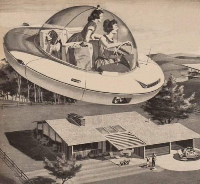 Концепт: мама и дочь возвращаются домой из магазинов на футуристическом летательном аппарате. США, 1950-е.