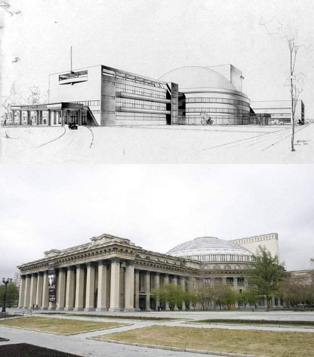 Новосибирский оперный театр начинали строить по лаконичному проекту 1931 года (вверху), а закончили сталинским «большим» стилем.