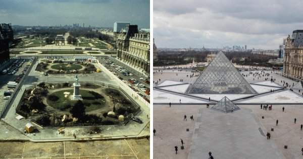 Музей Лувра в Париже до и после строительства пирамиды Лувра во дворе Наполеона