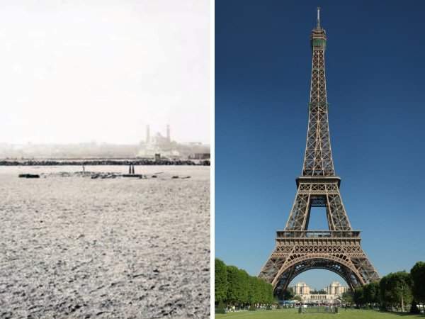 Марсово поле в Париже до и после строительства Эйфелевой башни