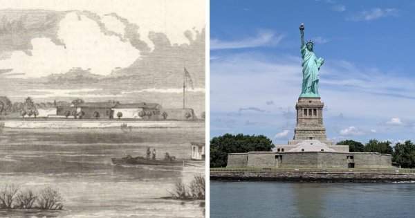 Остров Свободы (тогда остров Бедлоус) в Нью-Йорке до и после строительства статуи Свободы