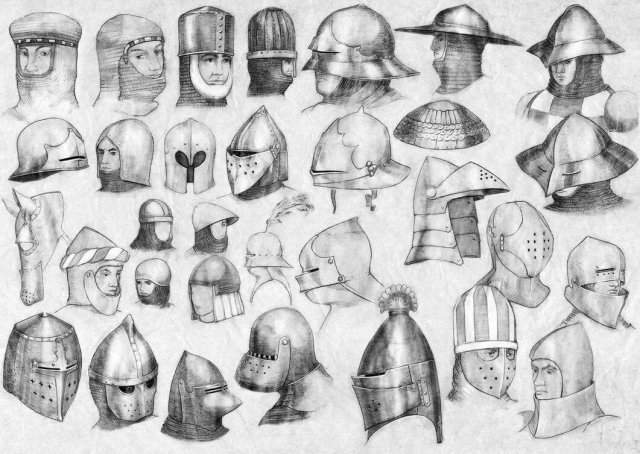 Различные типы шлемов применявшихся в Европе эпохи Средневековья.