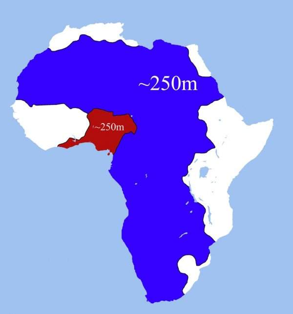 В этих двух частях Африки, выделенных красным и синим, проживает одинаковое количество людей