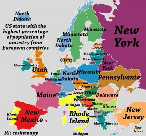 На карте указано, в каких штатах США можно найти наибольший процент выходцев из европейских стран