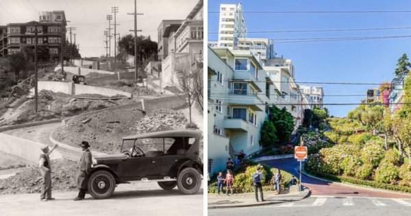Ломбард-стрит в Сан-Франциско, США, до и после её постройки