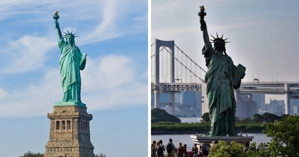 Статуя Свободы в Нью-Йорке и её копия на острове Одайба, Япония