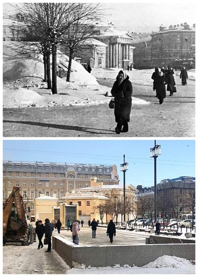 Сенная площадь.Февраль 1942 и февраль 2021 года.