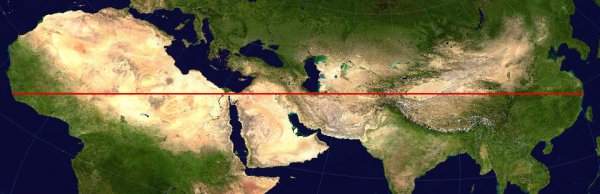 Красная линия — самый длинный прямой маршрут, который не пересекает океаны или крупные водоёмы