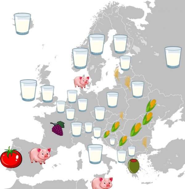 Европейские страны и те продукты сельского хозяйства, которые производятся там в наибольшем объёме