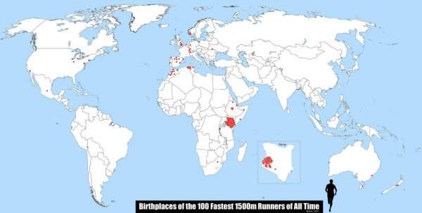 Красные точки — это места, где родились 100 самых быстрых бегунов