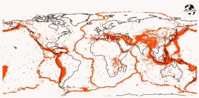 Карта всех землетрясений на Земле за последние 20 лет с магнитудой больше пяти баллов