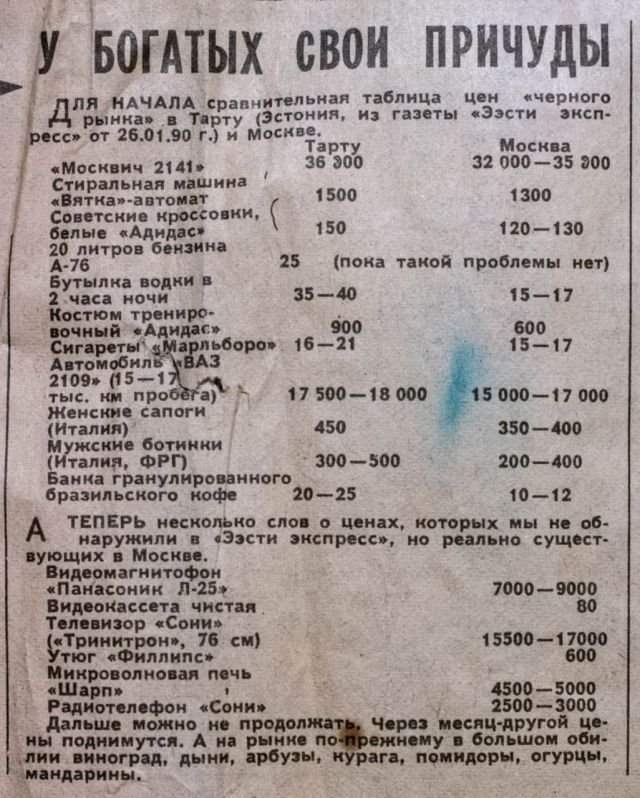 Цены на дефицитные товары, СССР, 6 февраля 1990 года.