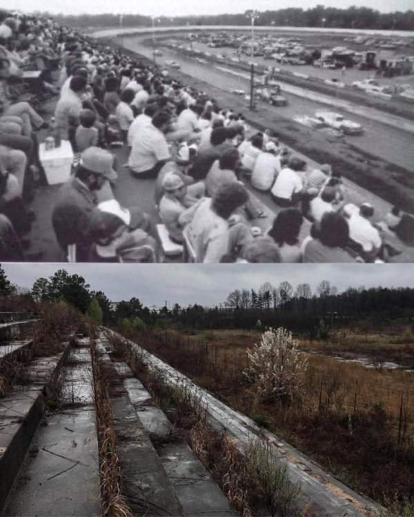 Заброшенная гоночная трасса Метролина, Северная Каролина, США. Тогда и сейчас