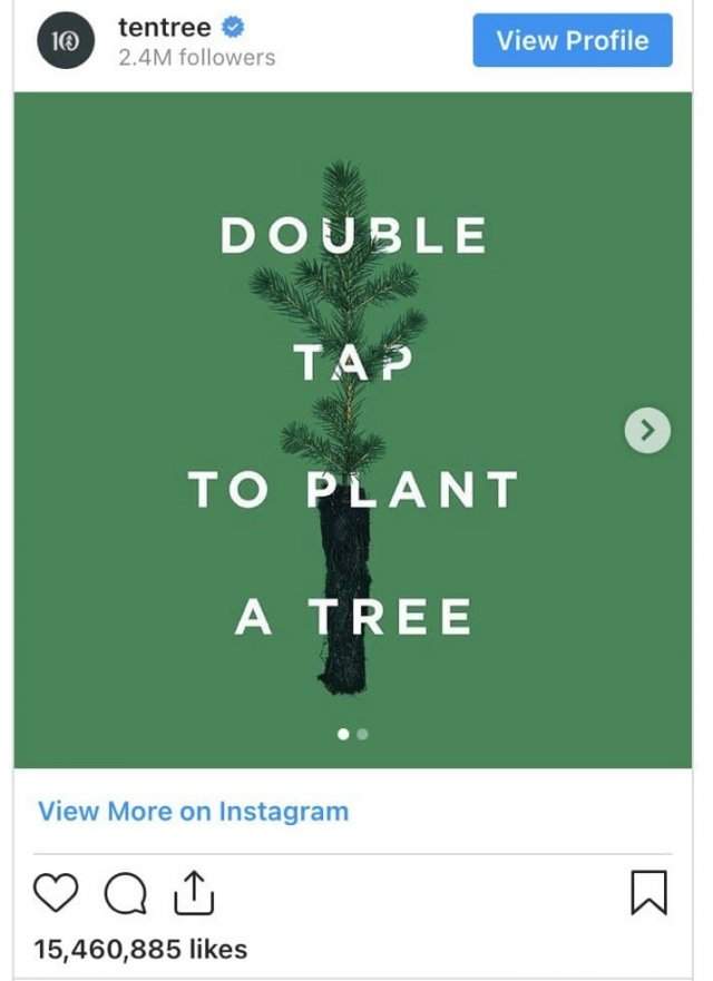 Канадский бренд Tentree придумал акцию: за пять миллионов лайков под фото пообещал высадить полмиллиона деревьев, а за 20 миллионов — 1 миллион деревьев. Всего удалось собрать 15,5 миллиона лайков. И свое обещание они выполнили.