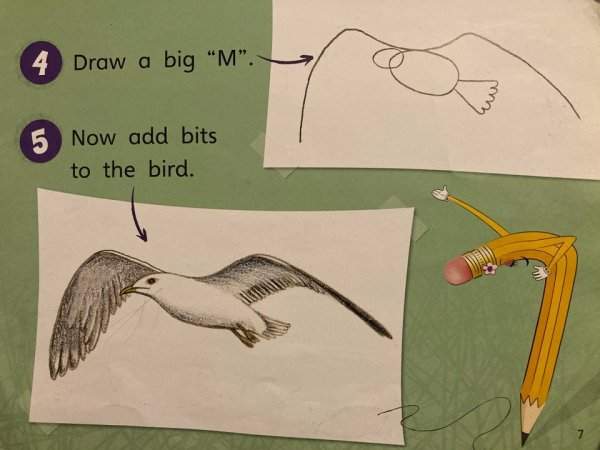 Нарисуйте большую букву «М», а потом добавьте к птичке всё остальное