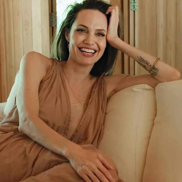Анджелина Джоли в коричневой кофте