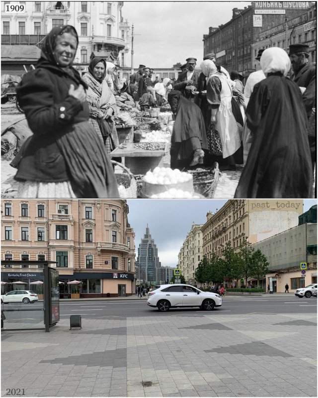 Москва. Триумфальная площадь. Рынок на старой Триумфальной площади, 1909 и 2021