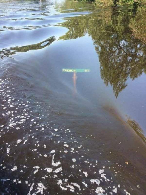 Указатель Фрэнч Стрит в городе Ламбертон, Техас, оказался под водой
