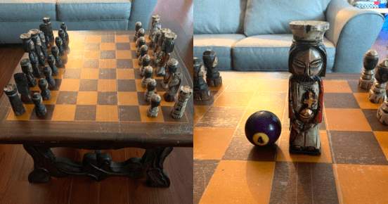 Моя семья получила в наследство эти шахматы. Бильярдный шар для сравнения